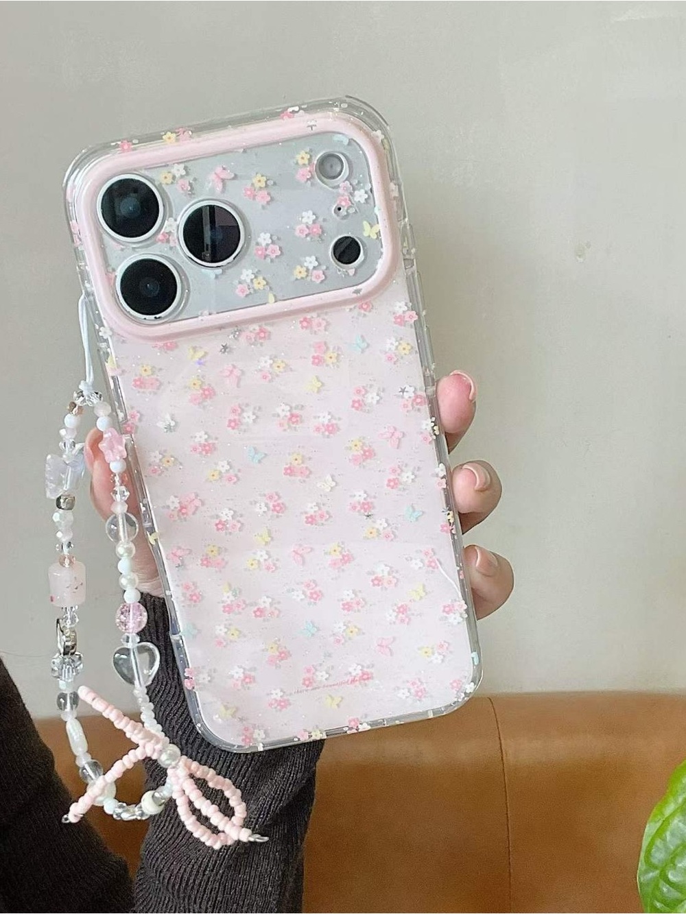 Pink Floral Clear Phone Case with Beaded Wrist Strap